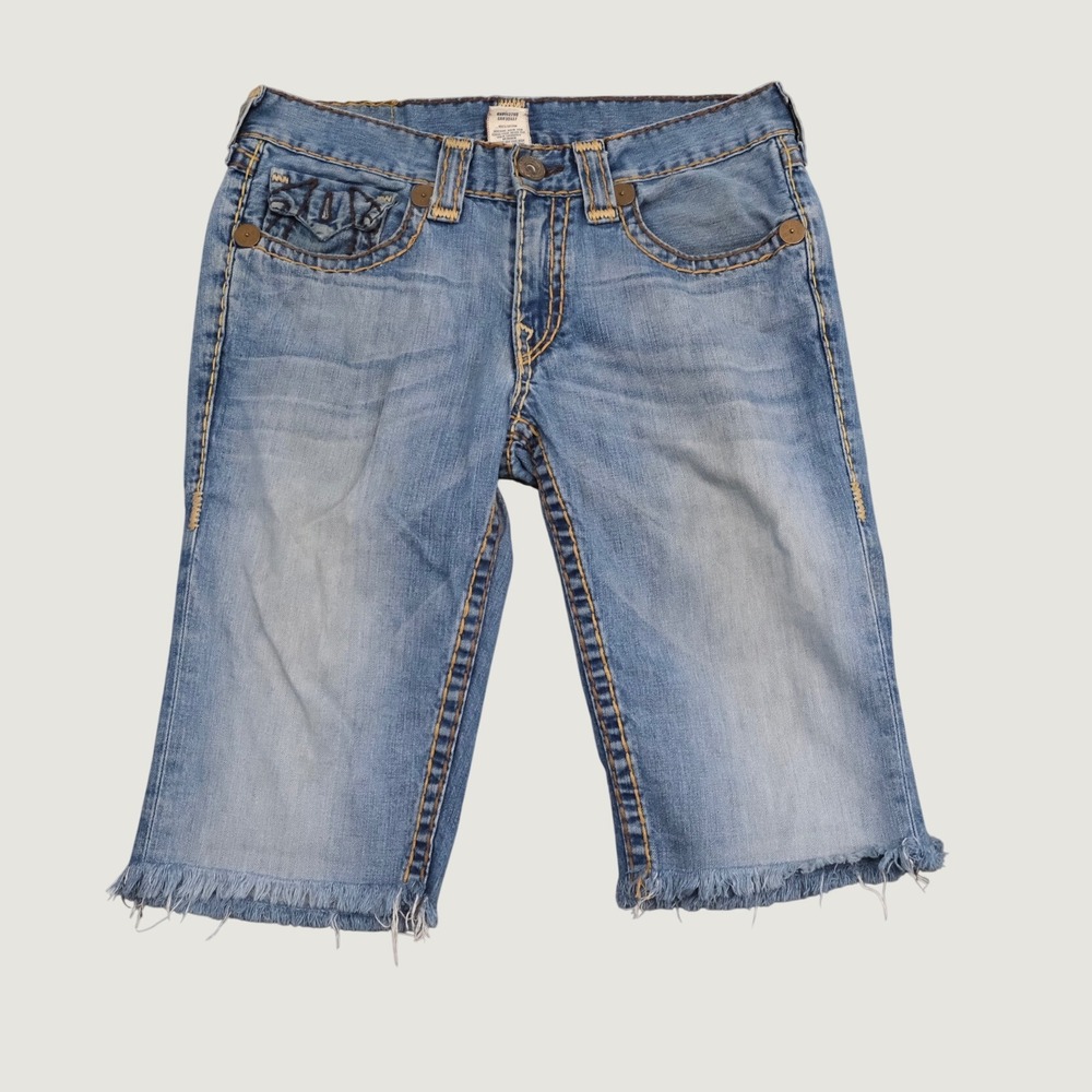True Religion Denim Shorts Men's Size 34 Blue Big T Stitch Raw Hem Joey Cutoff